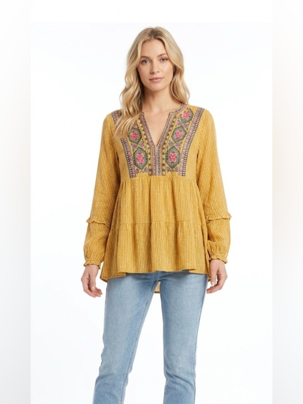 Jodifl yellow embroidered boho top
Longsleeve size large